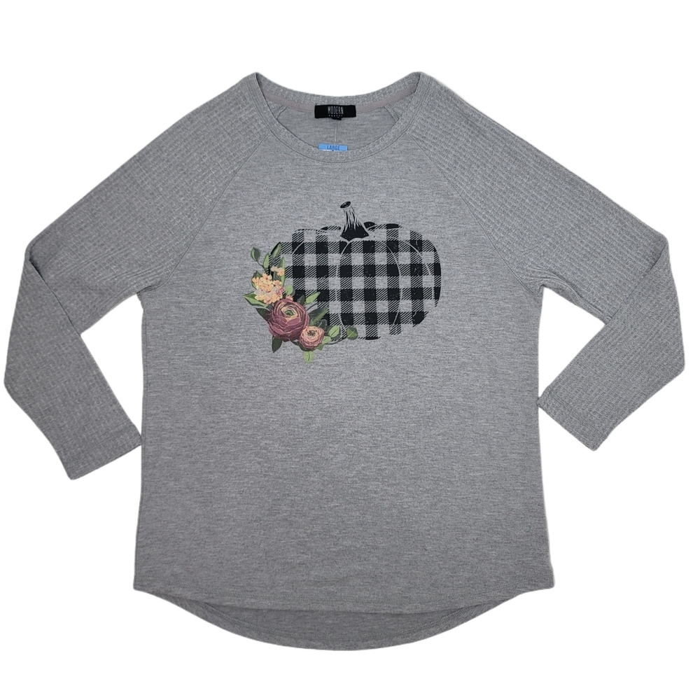 Modern canvas NWT pumpkin fall flower Buffalo plaid grey long sleeve shirt large